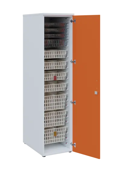 EUROMEDICA D - 46 skříň léková boxová, 1-dveřová, pravá, 1950x460x735, korpus bílý, dvířka mandarinka